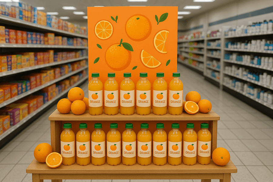 Exhibiciones de productos consejos - Exhibidor de jugo de naranja en supermercado.