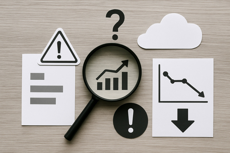 Como aumentar las ventas
conclusión - Gráficos y símbolos de advertencia sobre una mesa, con lupa enfocando datos en crecimiento