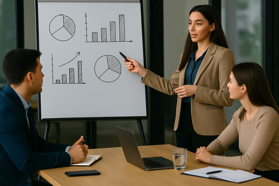 Como aumentar las ventas estrategias - Mujer presenta gráficos en rotafolio durante reunión con dos colegas en sala de juntas.