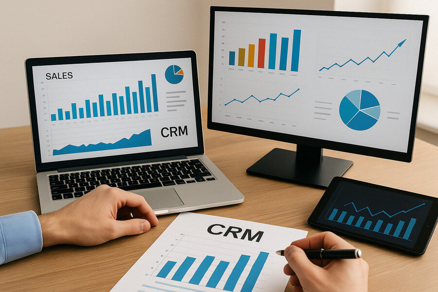 Como aumentar las ventas la diferencia - Estaciones de trabajo con gráficos de ventas y CRM en computadora portátil, monitor y tableta sobre escritorio.
