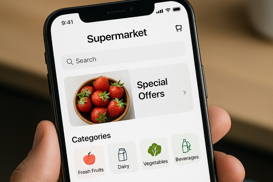 Tienda digital diseño usabilidad - Aplicación móvil de supermercado con categorías y ofertas especiales.