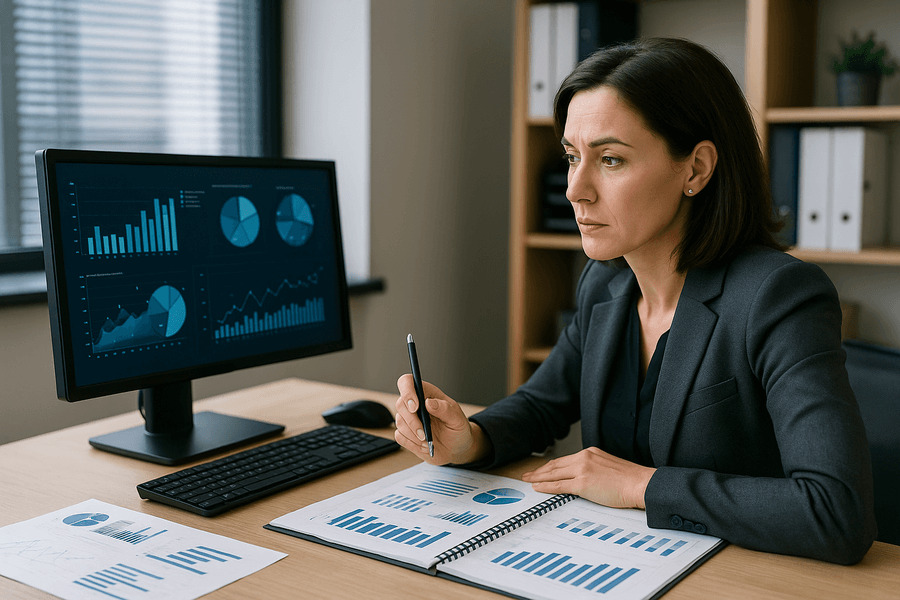 Inteligencia artificial en la auditoría beneficios - Mujer analizando gráficos financieros en computadora y cuaderno.