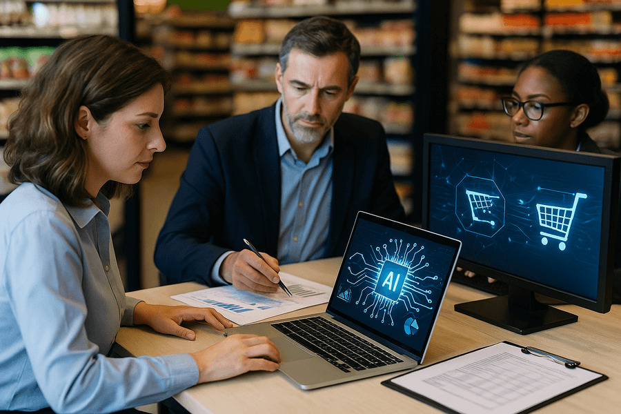 Inteligencia artificial en la auditoría casos - Equipo de trabajo analizando datos de e-commerce con inteligencia artificial.