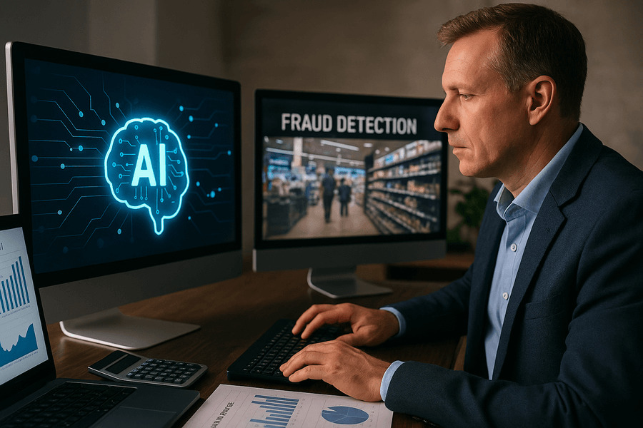 Inteligencia artificial en la auditoría como - Hombre usando inteligencia artificial para detección de fraudes en computadora.