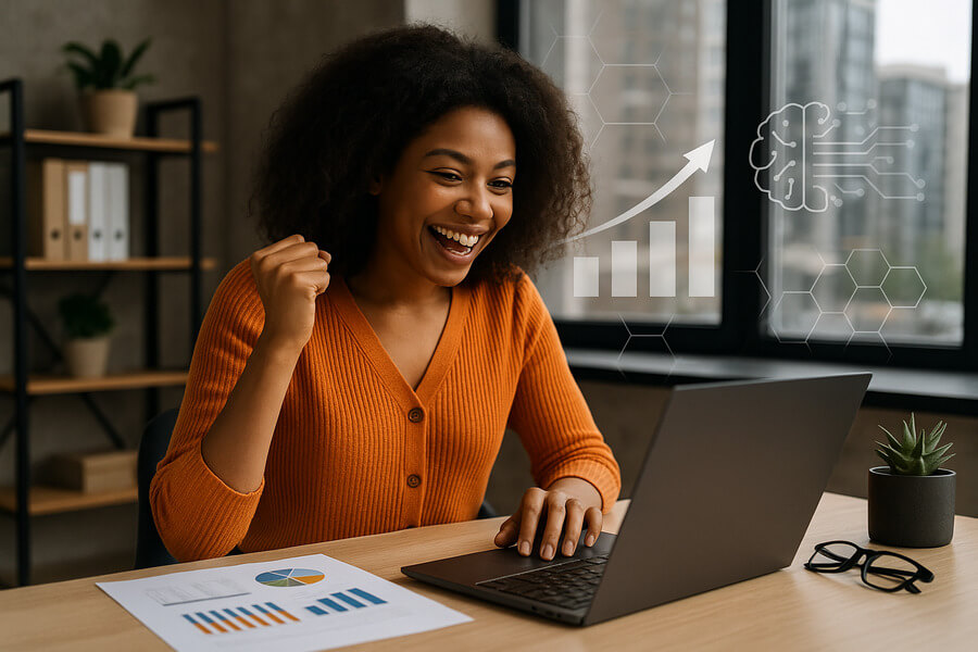 Inteligencia artificial en la auditoría conclusión - Mujer celebrando resultados positivos frente a su laptop con gráficos de crecimiento.