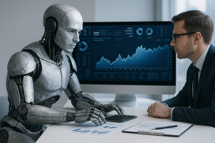 Inteligencia artificial en la auditoría introducción - Robot y ejecutivo analizando datos financieros en computadora.