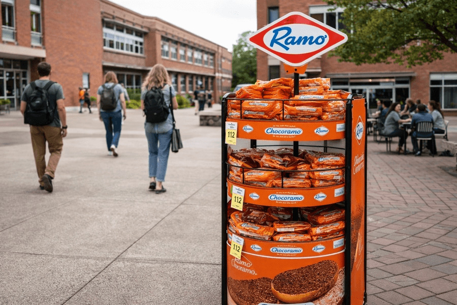 Exhibidor POP de Chocoramo en campus universitario con estudiantes al fondo.