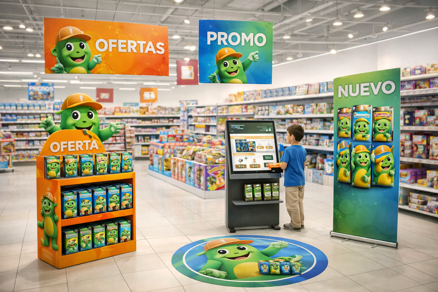 Material POP colorido con exhibidores, mascota y pantalla interactiva en tienda.