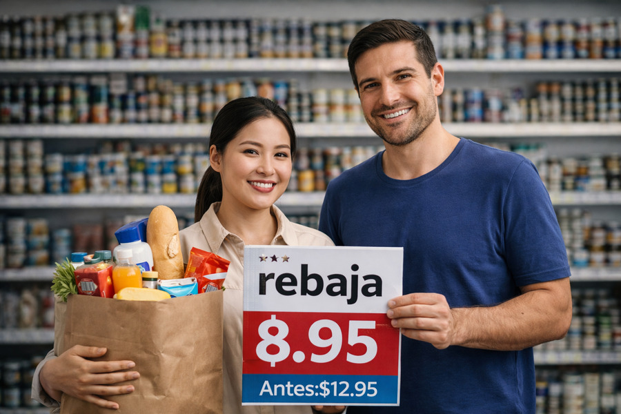 Clientes con bolsa de compras y precio en rebaja.