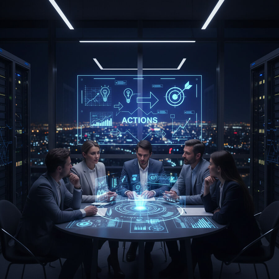 Equipo ejecutivo analizando panel estratégico con métricas y objetivos digitales en sala moderna.