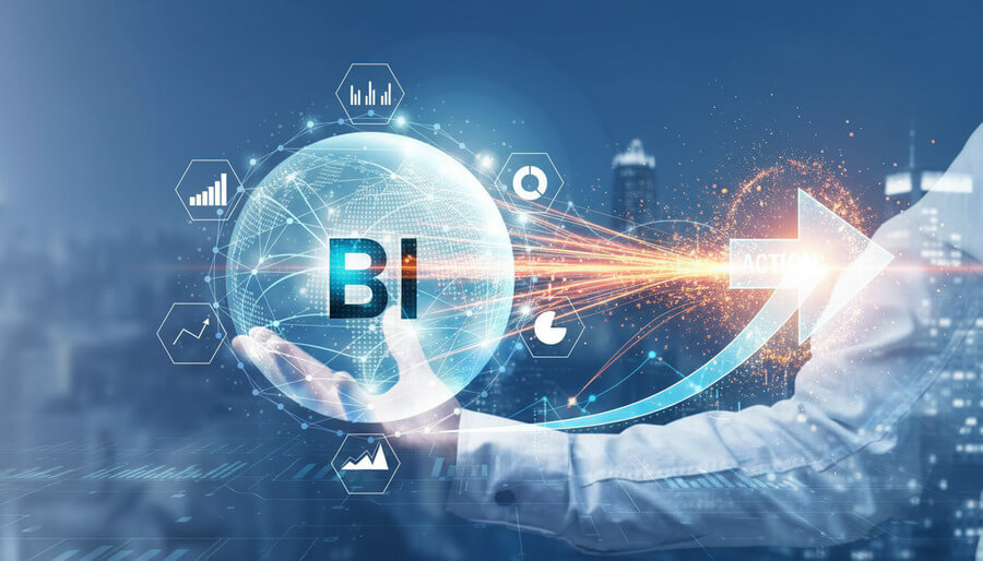 Inteligencia de negocios (BI) con gráficos digitales y flecha de crecimiento sobre fondo tecnológico.