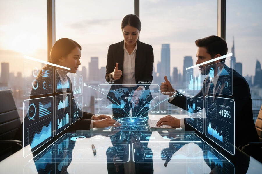 Equipo empresarial analizando dashboards digitales y métricas en reunión estratégica.