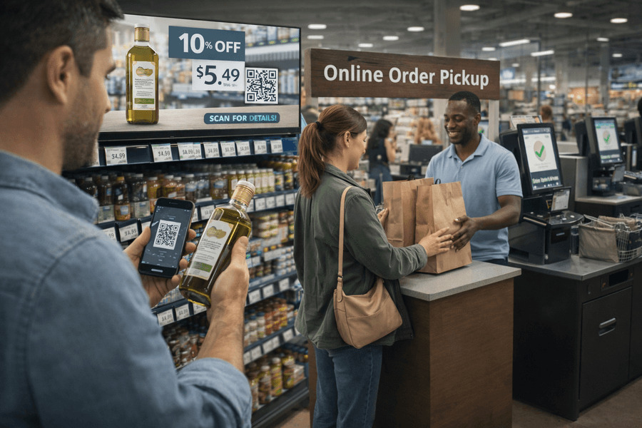 Canal tradicional la importancia - Cliente escanea producto y recoge pedido online en supermercado.