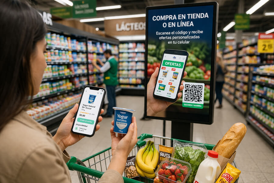 Canal tradicional la revelacion - Cliente compara precios en móvil y recibe ofertas personalizadas en tienda.