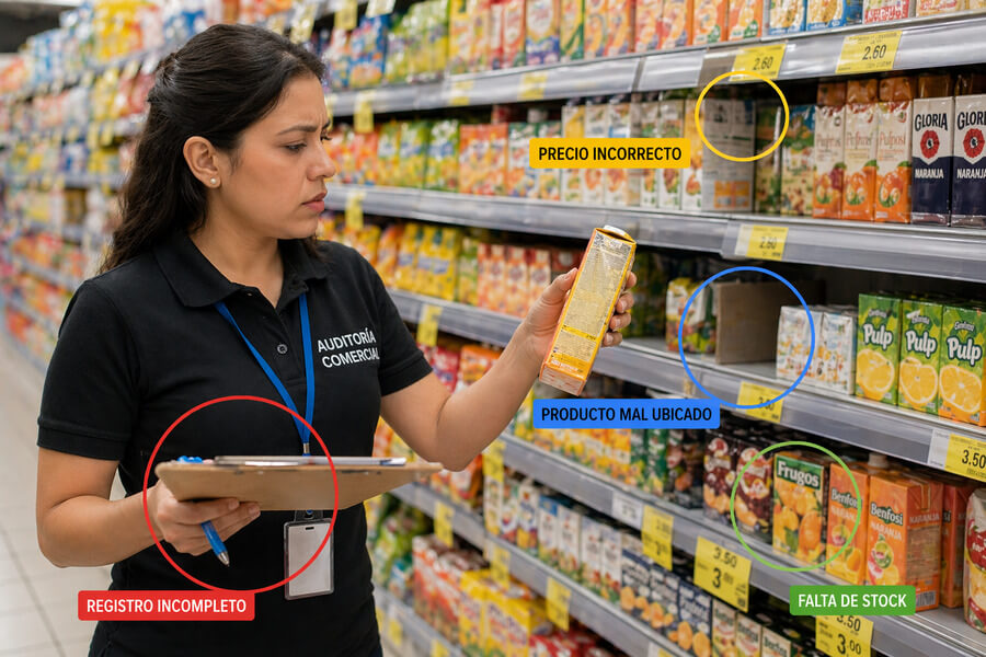 Auditoría comercial - Auditor identificando errores en precios y ubicación de productos
