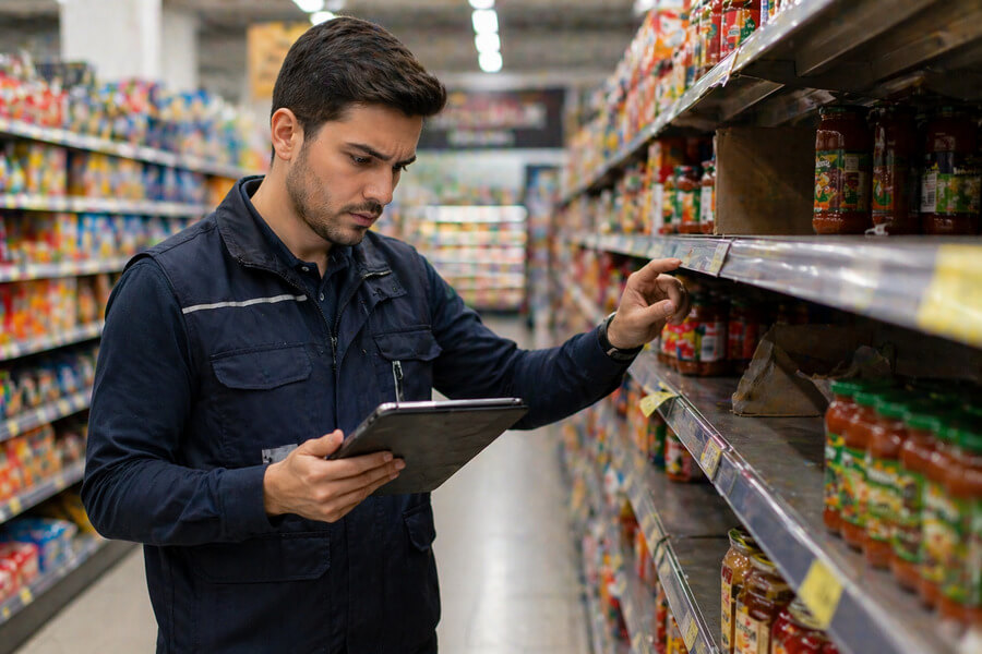 Auditoría comercial - Empleado verificando góndola con tablet en supermercado