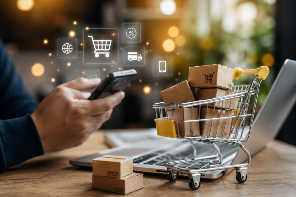 Frecuencia de compra realidades - Persona comprando en línea con carrito y análisis digital.